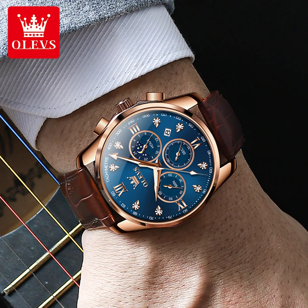 OLEVS 2888 Orologi da uomo Orologio al quarzo originale stile moda per uomo Comodo cinturino in pelle Impermeabile fasi lunari luminose