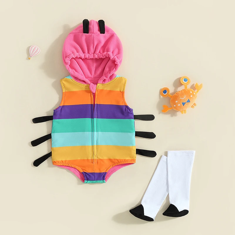 Baby Ladybug Costume Newborn Boys Girl Rainbow Color Sleeveless Hood Zipper Cosplay Romper + Socks Cute Clothes Set Streetwear