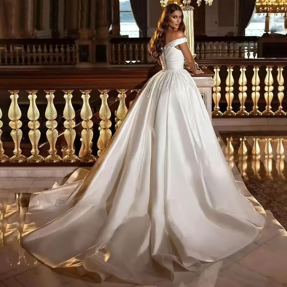 Customized Off the Shoulder Satin Pleated  Mermaid Wedding Dress Vestidos De Novia Country  Bridal Dress with Detachable Skirt
