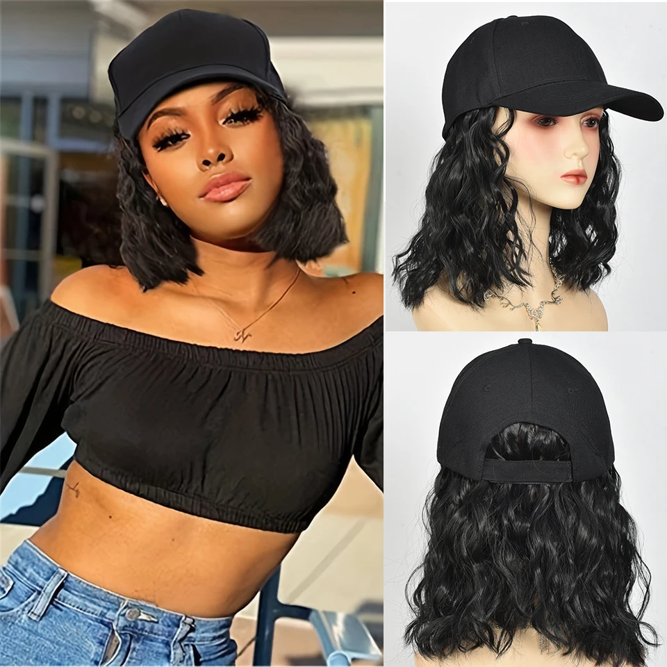 BeautyEnter Synthetic Black Baseball Cap with Hair Extensions Curly Wavy Short Bob Hairstyle Adjustable Hat Wig for Women Girl