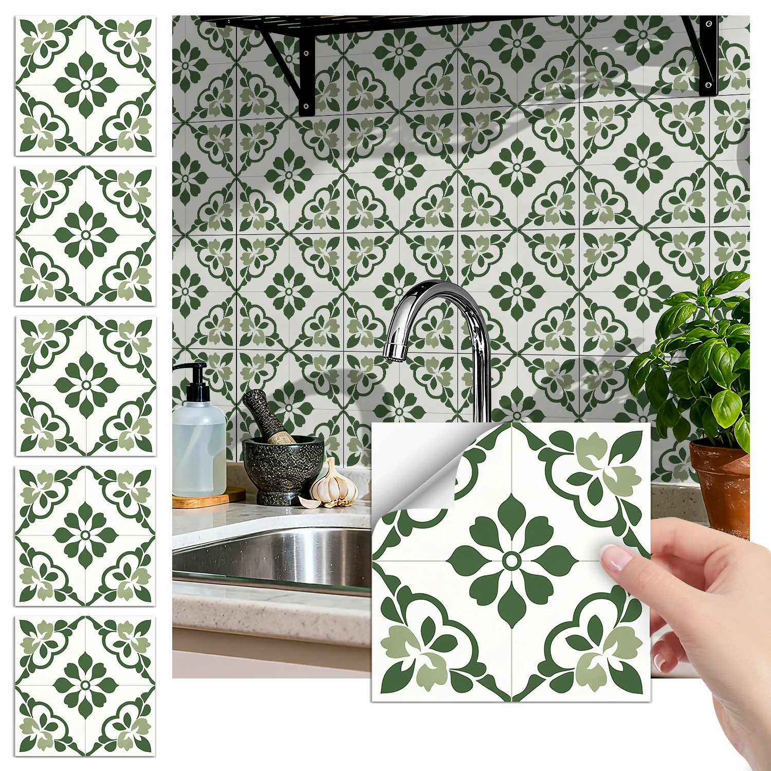 Self-Adhesive Green Floral Tile Stickers | Peel and Stick Kitchen Bathroom Wall Decals, Waterproof Matte Tile Stickers 36Pcs