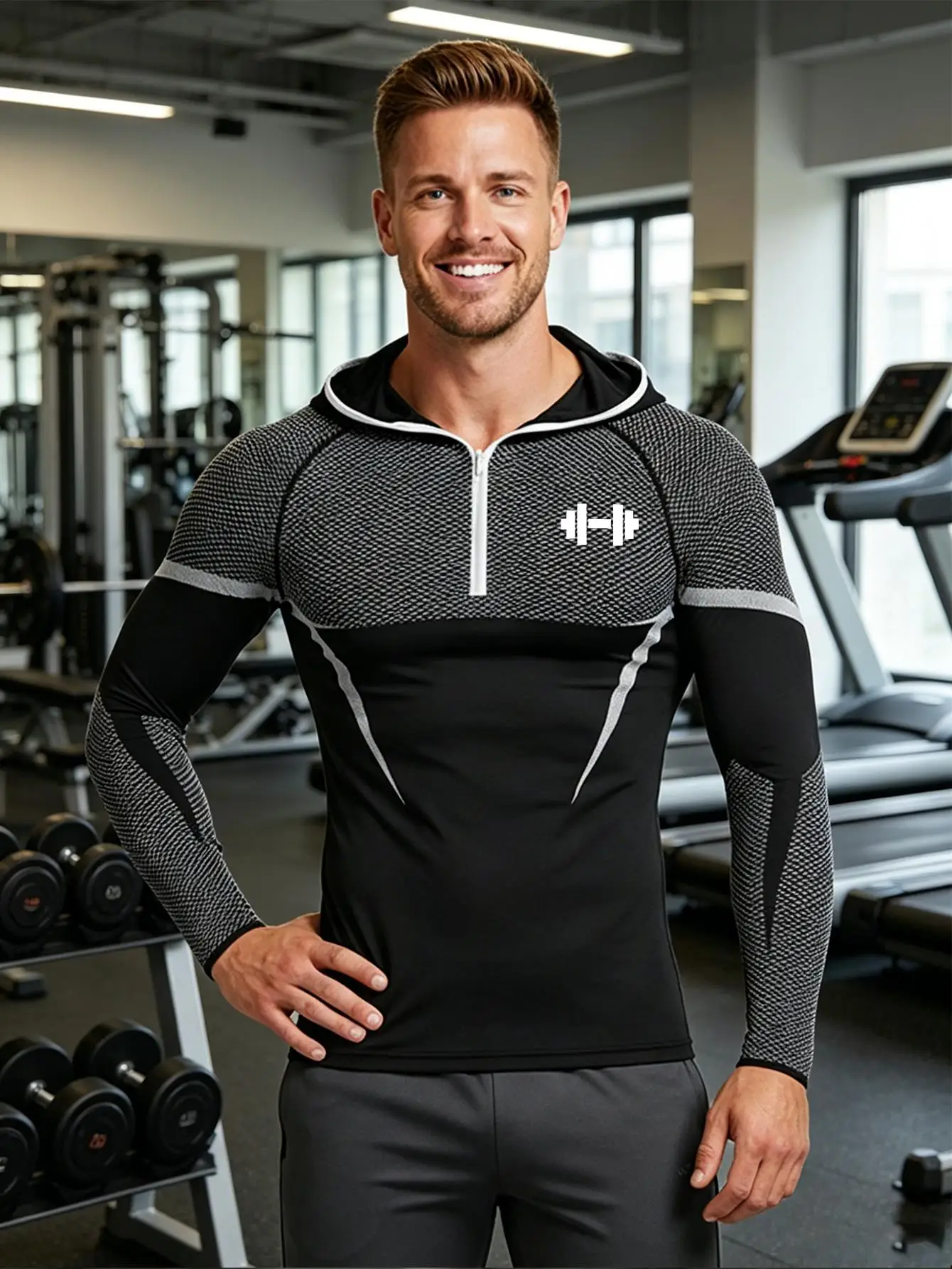 Mens Sport Long Sleeve Hoodie Slim Fit Breathable Quick Dry Knitted Elastic T-shirt Gym Bodybuilding Fitness Hooded Shirts