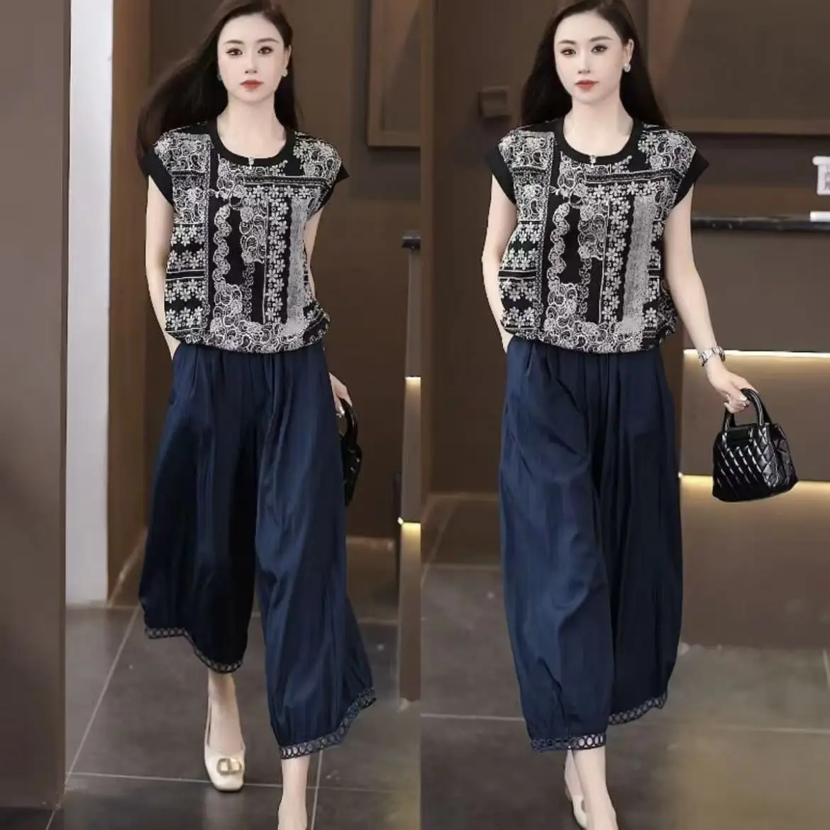 

Fashionable Mom Casual Short Sleeve Set Women Summer New Loose Retro round Neck Top Wide Leg Pants Two Piece Set