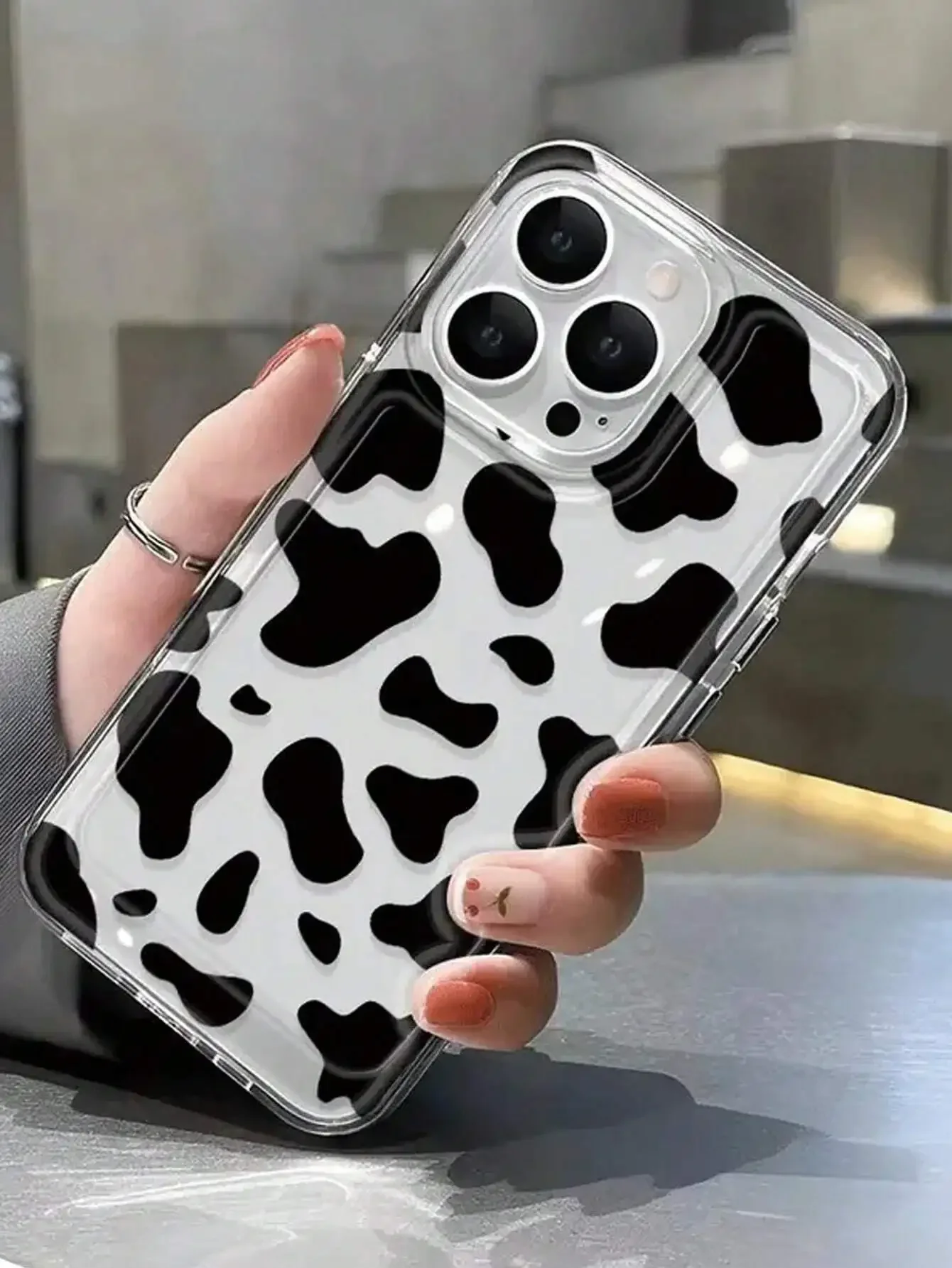 

1pc Black Cow Print Metal Button Thickened TPU Phone Case With Space Texture Anti-Fall Shell Cover Compatible With