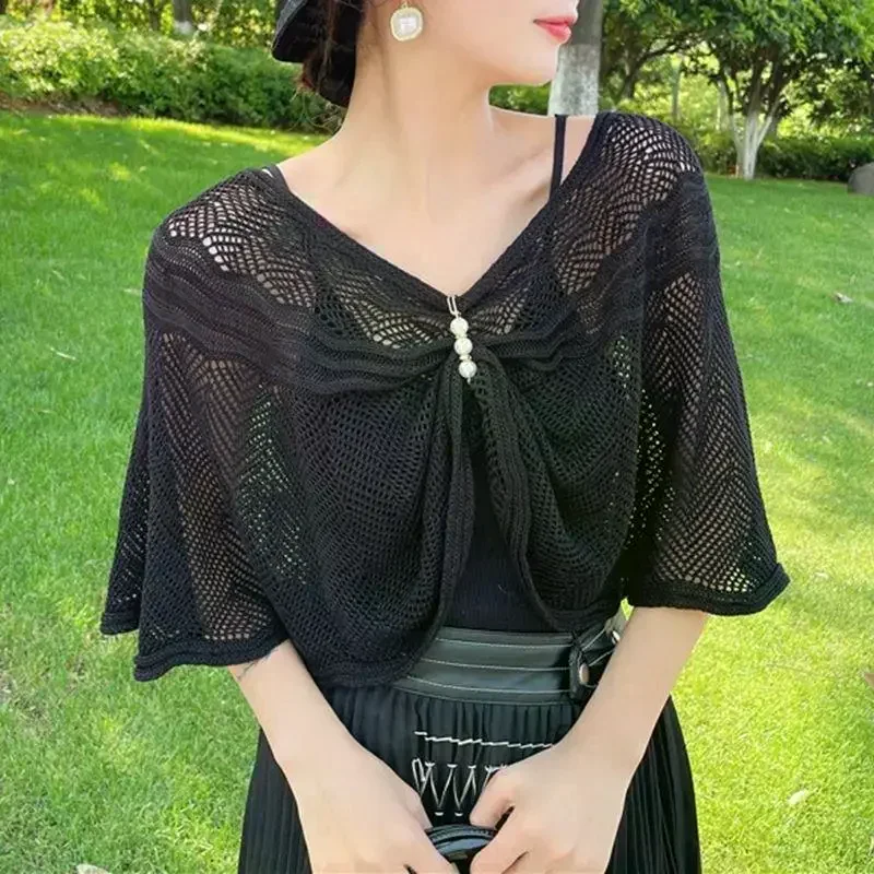 

Сплошной цвет, вязаная хлопковая шаль для женщин, летний солнцезащитный шарф с жемчужными булавками, украшенное пончо