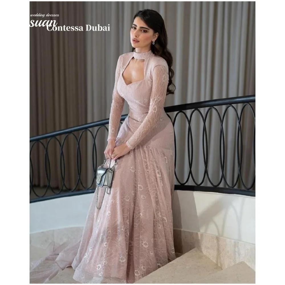 تخصيص دبي وردي فاتح الرقبة العالية ألف خط فساتين حفلة موسيقية عارية الذراعين كم طويل يزين الجلباب دي