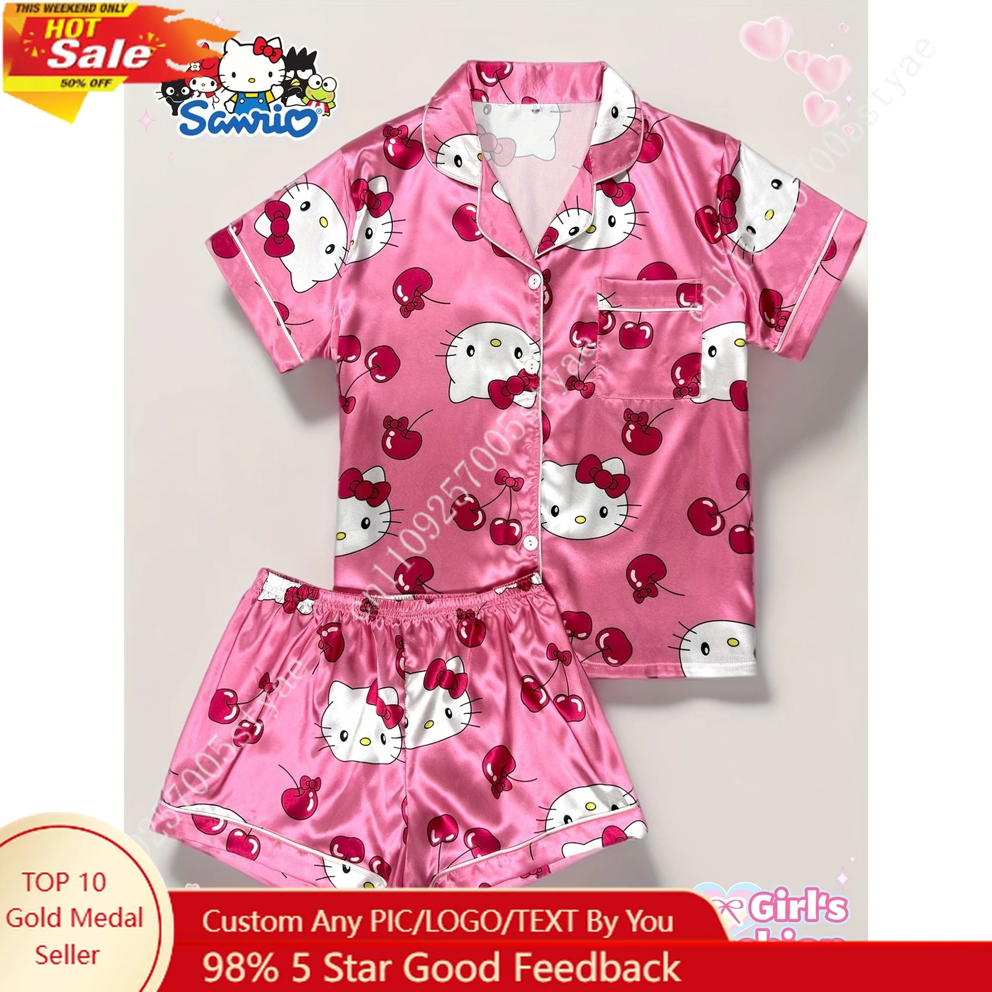 

Sanrio HELLO KITTY Printed Teen Pajama Set Collar Button Open Cardigan Short Sleeve Top and Shorts Home Wear