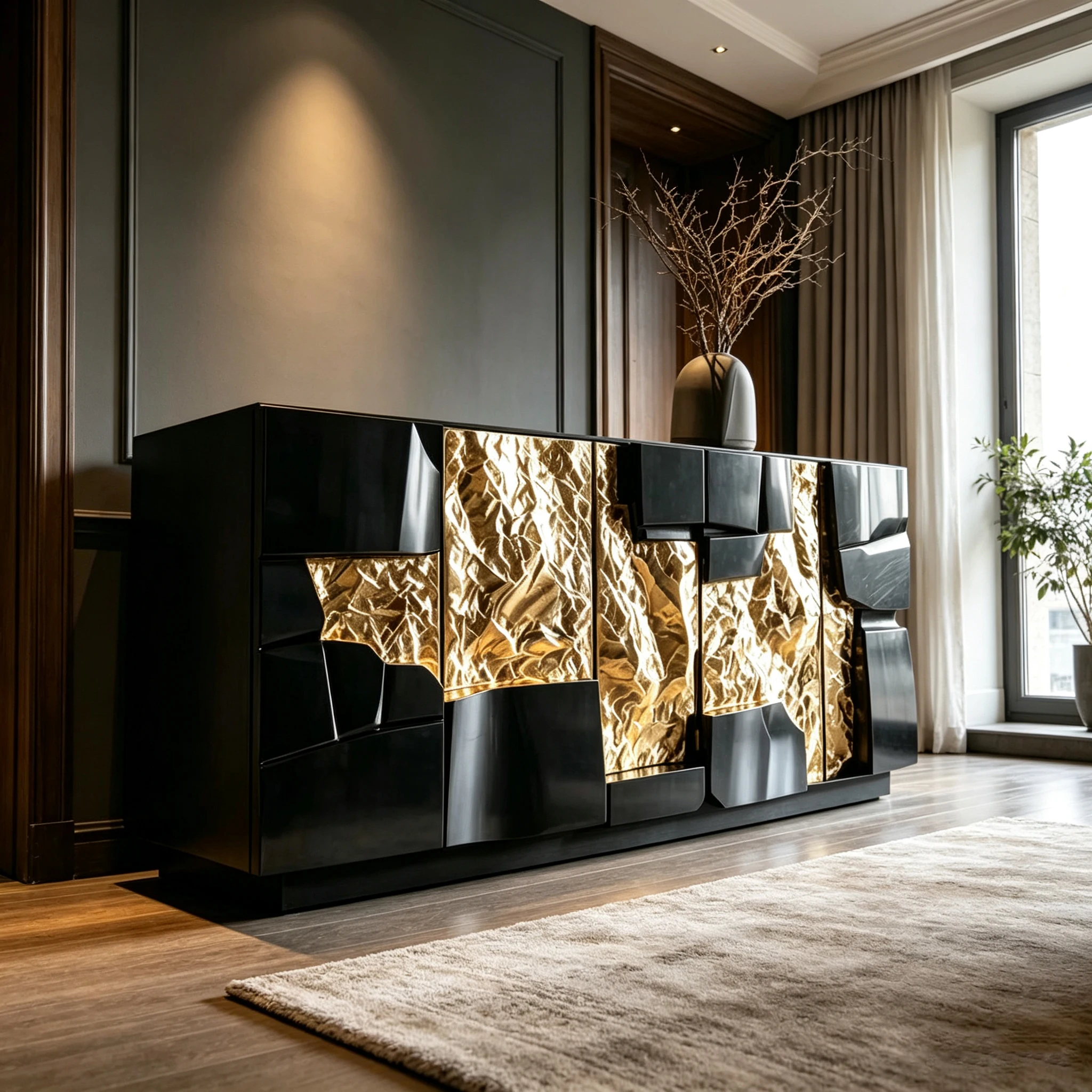 M*-Geometric Irregular Block Fiberglass Storage Cabinet Gloss Black Crinkled Gold Inlay 4 Door Sideboard for Modern Luxury Villa