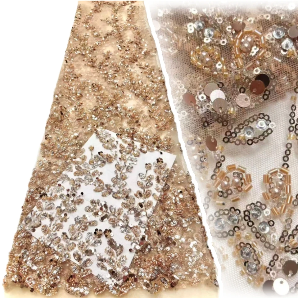 

Latest Sequin Fashion Design Handmade Handmade Embroidery Beads for Wedding Women Gown Dress Lace Fabric Sell By 5 Yards TP1824