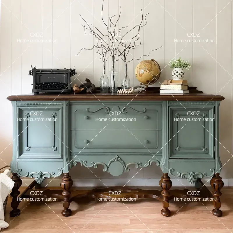 Retro Contrasting Color Solid Wood Dining Side Cabinet Integrated Locker Wall Mounted Living Room Decorative Cabinet Entrance