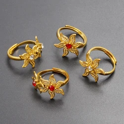 Anniyo African Flowers Rings With Red and Clear Rhinestone for Women Girls Gold Plated Mayotte Jewelry #345306