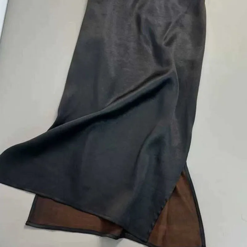 Spódnica midi z wysokim stanem, satynowa, w stylu vintage, z rozcięciem, damska, na wiosnę i jesień, luźna, jednolita, szara, codzienna, dopasowana, podkreślająca biodra.