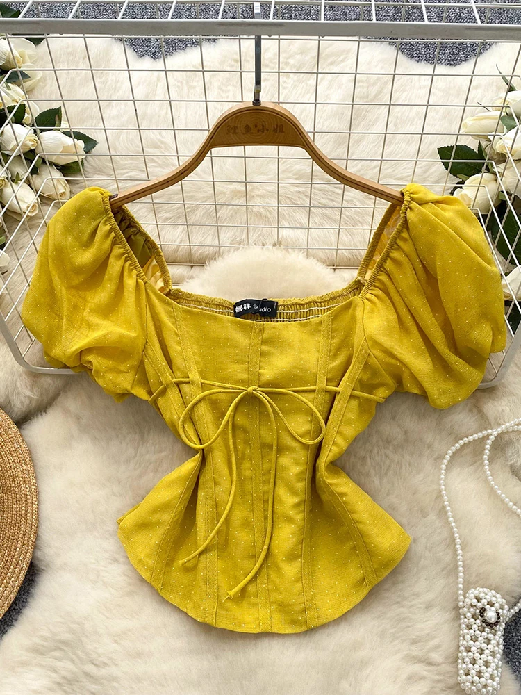 

French gentle style square neck polka dot shirt women 2026 spring new bow high-end feeling waist cinching versatile top