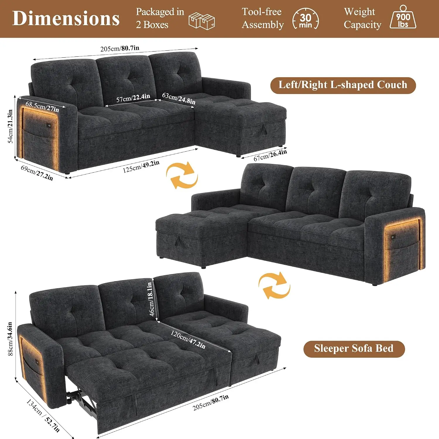 81'' LED L-Shaped Sectional Couch for Living Room, Sleeper Sofa Bed, Black | Comfy Chenille Cloud Couch, Pull Out, Customized