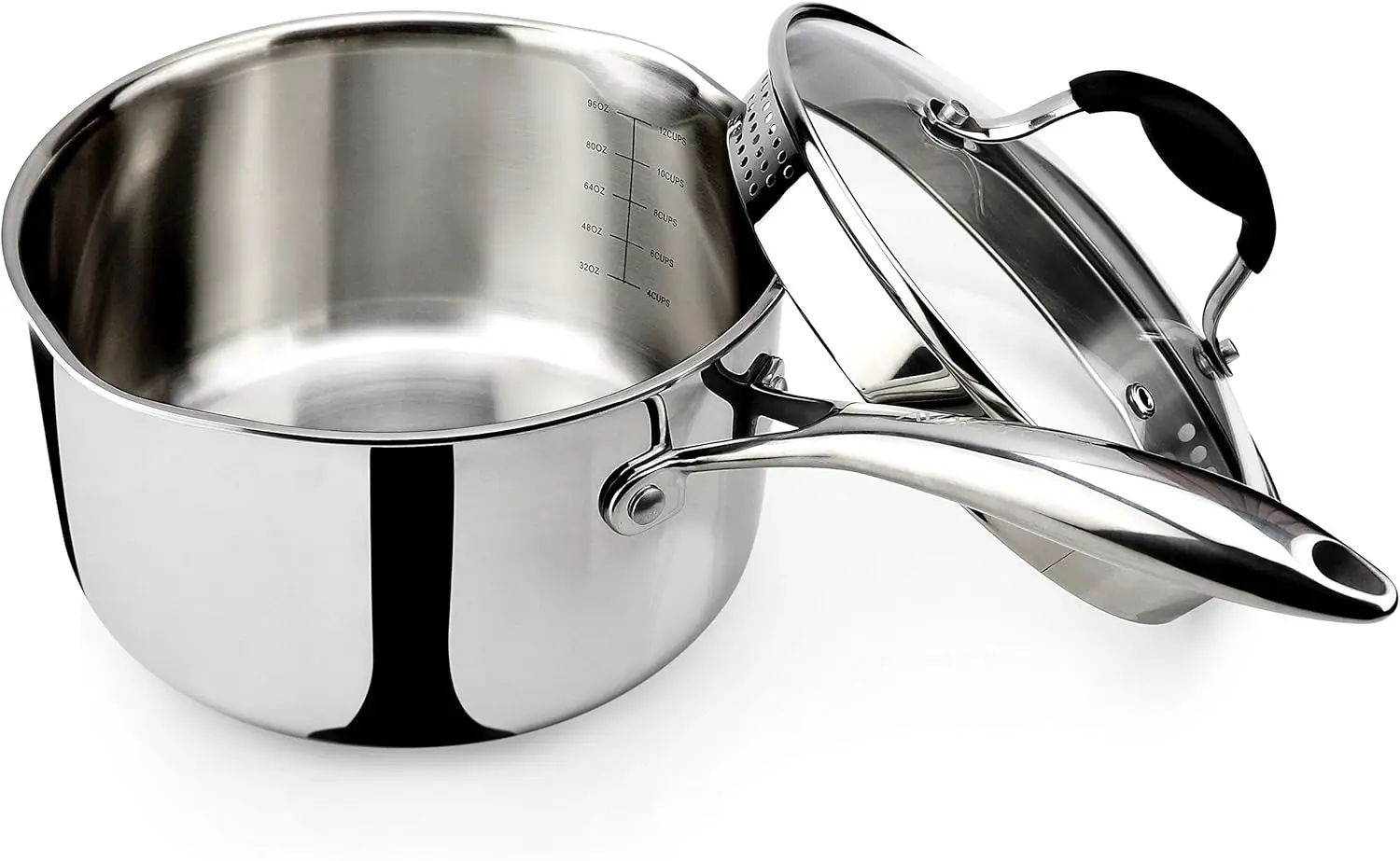 

3.5 Quart Tri-Ply Stainless Steel Saucepan with Glass Strainer Lid, Two Side Spouts Multipurpose Sauce Pan with Lid Sauce Pot