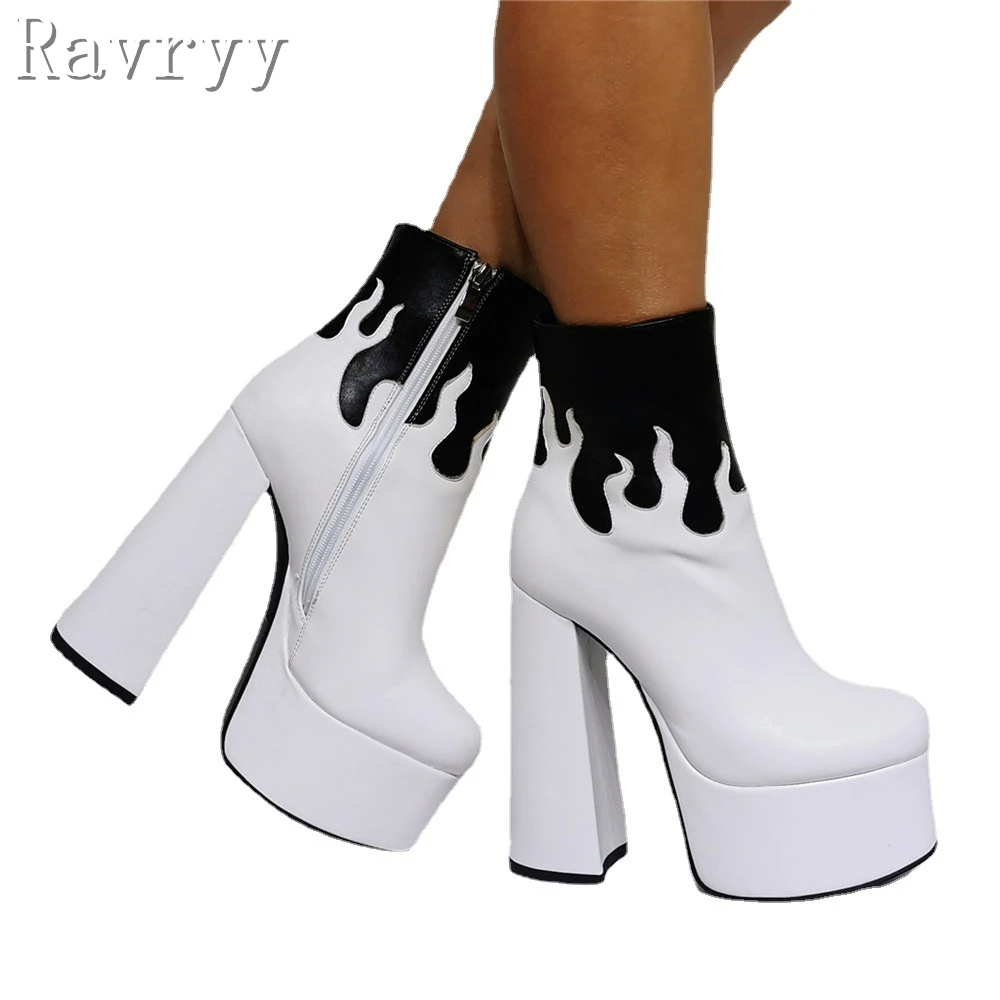 Fire Pattern White Ankle Boots Women Waterproof Platform Thick High Heel Short Boots Fashion Runway Nightclub Winter Shoes