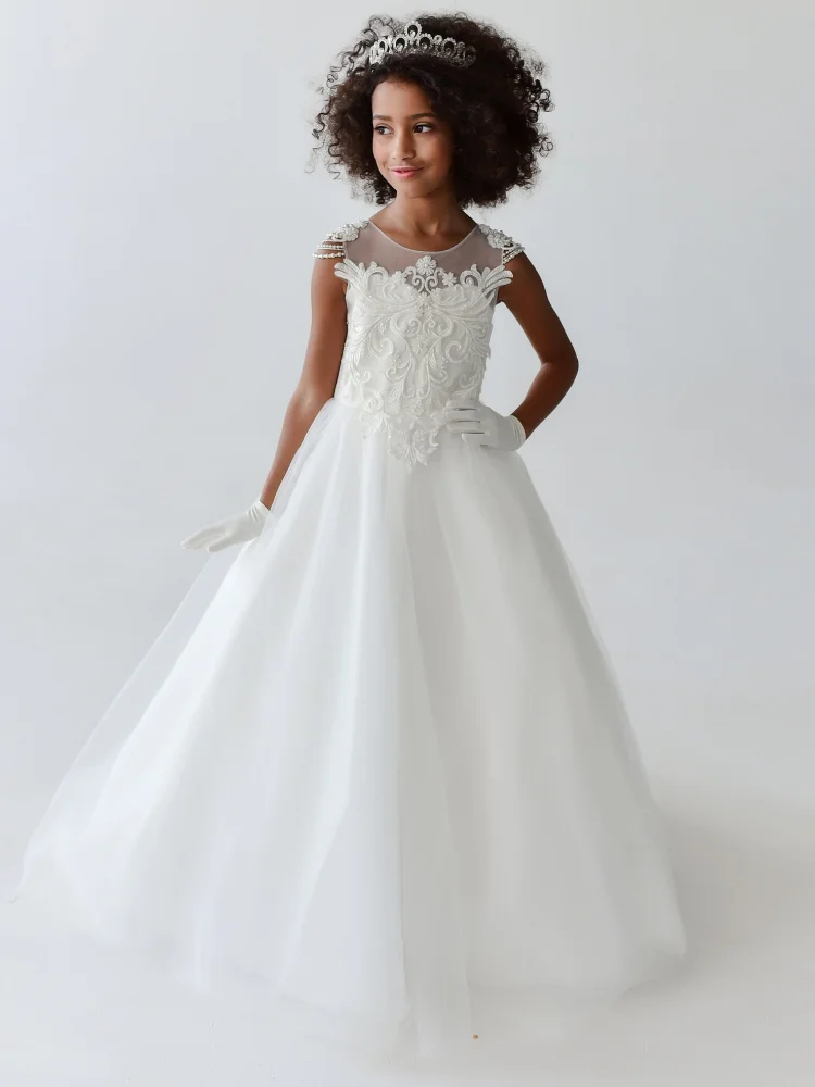 Robes de demoiselle d'honneur blanches, appliques blanches en tulle avec queue en fibre pour mariage, fête d'anniversaire, sainte cène, quoi que ce soit