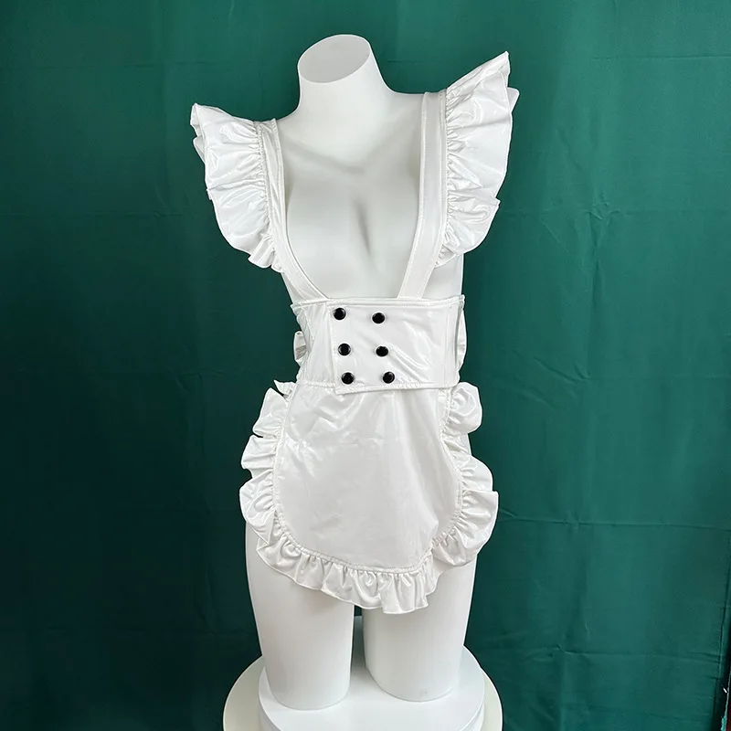 Kawaii branco vestido de empregada gato empregada cosplay trajes avental vestido sexy feminino oco para fora laca couro nu peito lingerie uniforme