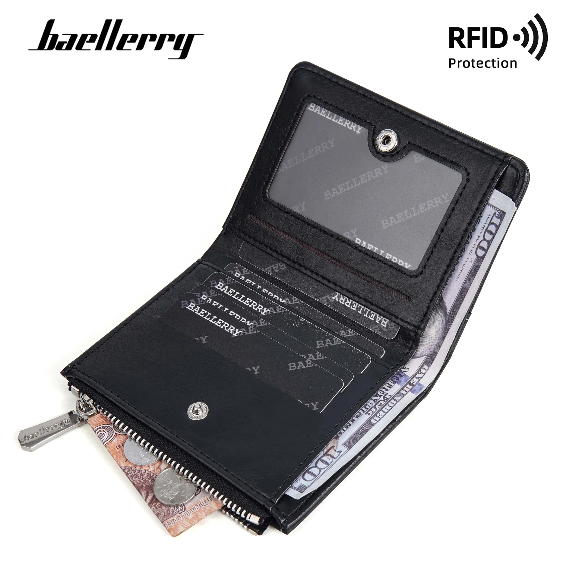 Baellerry RFID Blocking Simple Men's Wallet with Zipper Card Holder Male Photo ID Pocket Coin Purse - Luxury Design