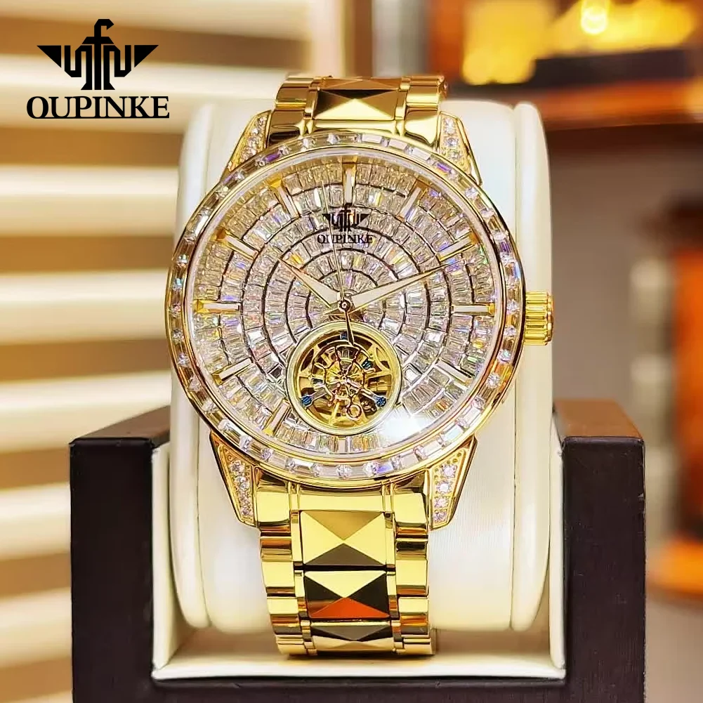 OUPINKE Full Diamond Men's Mechanical Watch Luxury Brand Original Skeleton Flywheel Tungsten Steel Automatic Watch for Man 3321