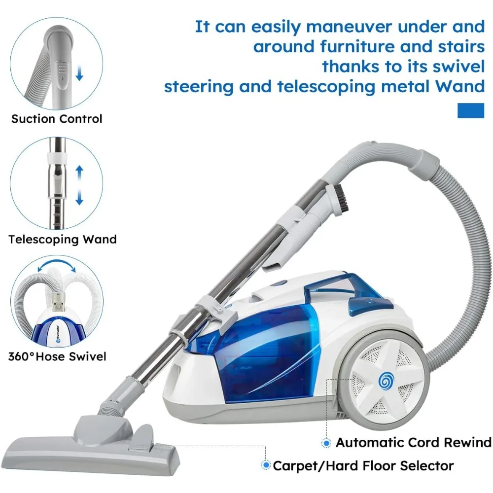 Vacmaster Bagless Canister Vacuum Portable Cyclonic Corded Vacuum Cleaner with Washable HEPA Filter & Automatic 16ft Cord Rewind