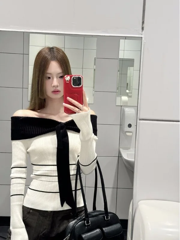 

Slim Fit Striped One oulder Knitted Sweater Women's Early Autumn Faion Design Contrast Color Commute Sle Long Sve Top
