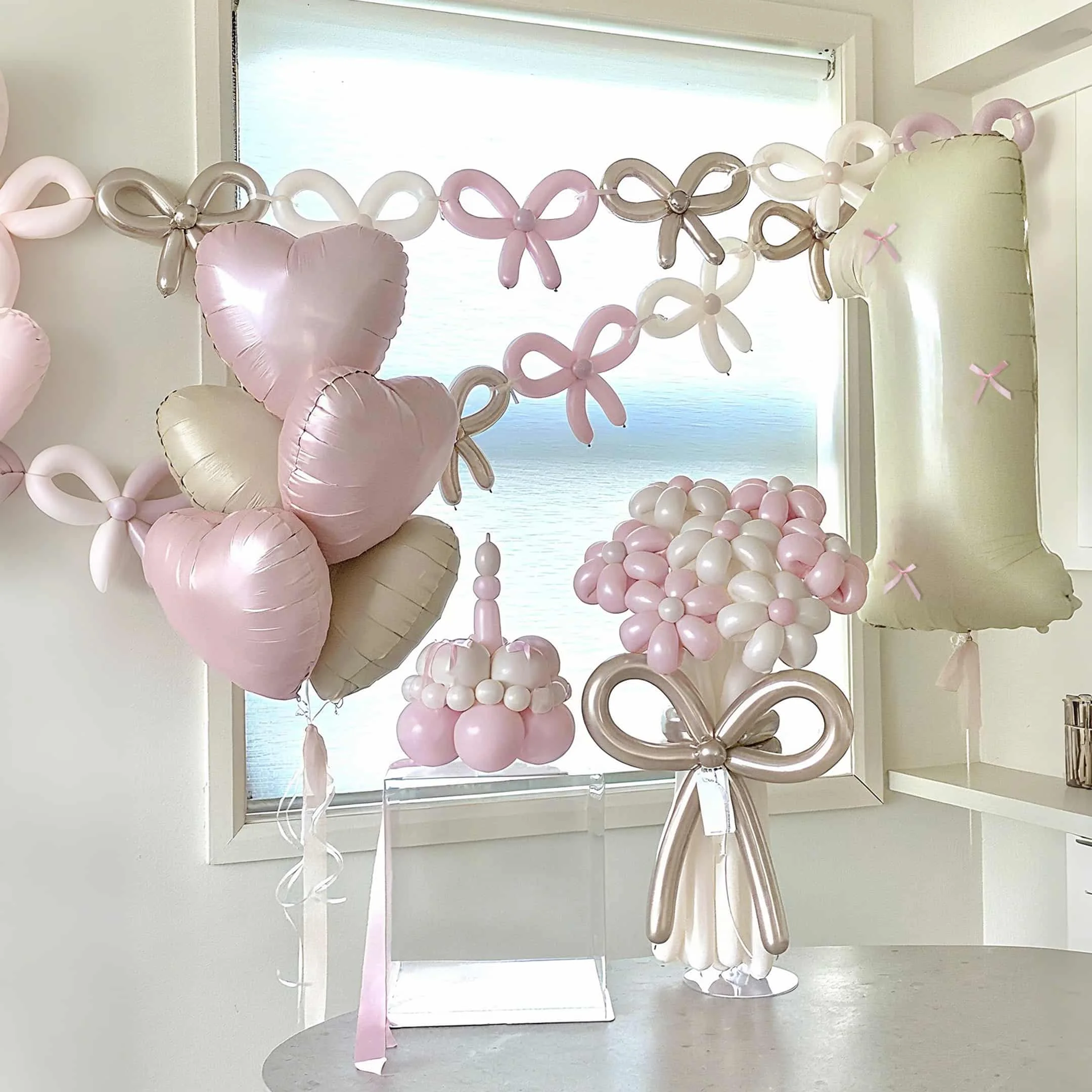 Cremeweißes digitales Ballon-Set 0-9 Babyrosa Liebesballon Band Schleife Dusche Geburtstag Dekoration Ballon Foto Requisite