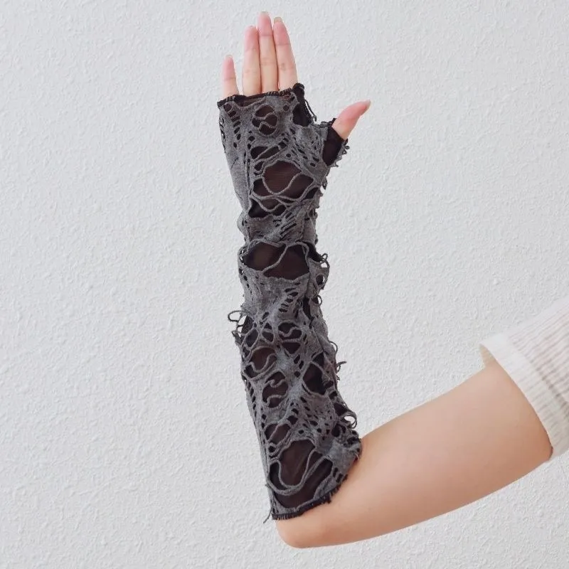 ถุงมือฮาโลวีนแบบเจาะรูครึ่งนิ้ว ปลอกแขน ถุงมือตกแต่ง การถ่ายภาพ Y2K แฟชั่นผู้หญิงสีเข้ม นิ้วโป้ง