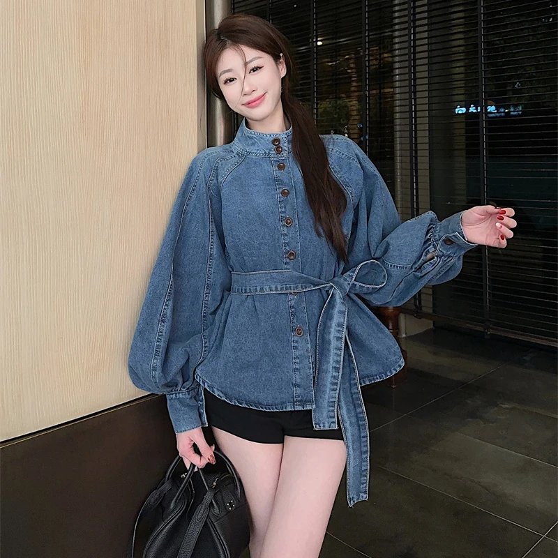 Vintage Jeans Jacket Women Single-Breasted Buttons Denim Coat Lantern Sleeve Overcoat Trendy