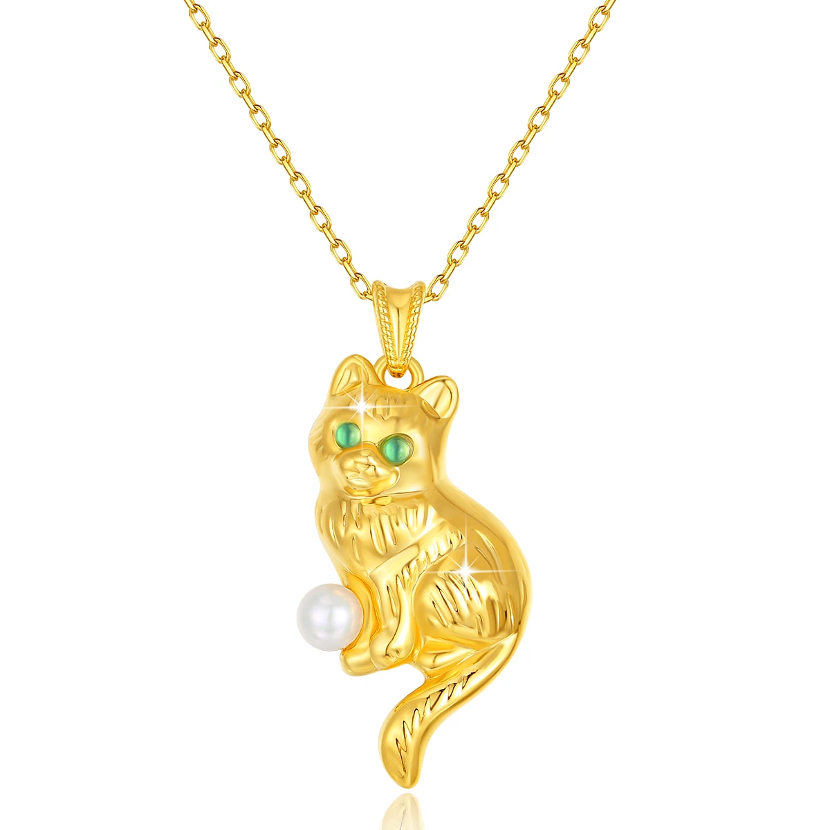 18K Gold Necklace Animal Cat Pendant Round Natural Pearl AU750 Yellow Gold Pendant Women\'s Fine Jewelry Gift With Certificate