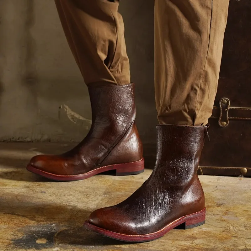 

American Retro Riding Boots Men's Shoes Back Zipper British Genuine Leather High Top Chimney Work Motorcycle Boots Chelsea Male