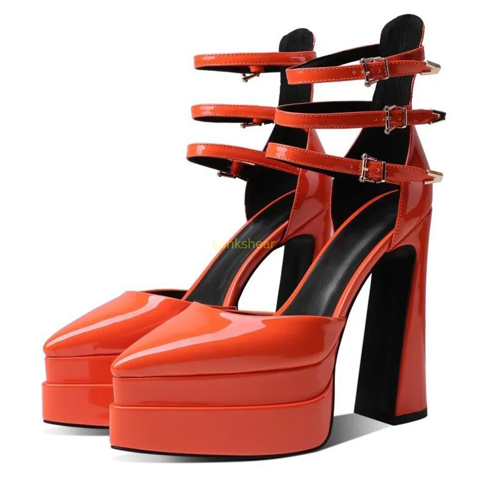 Platform Multi Strap High Heels Patent Leather Sexy Pointed Toe Square Heel Solid New Arrivlas Fashion Women Runway Shoes - view 3