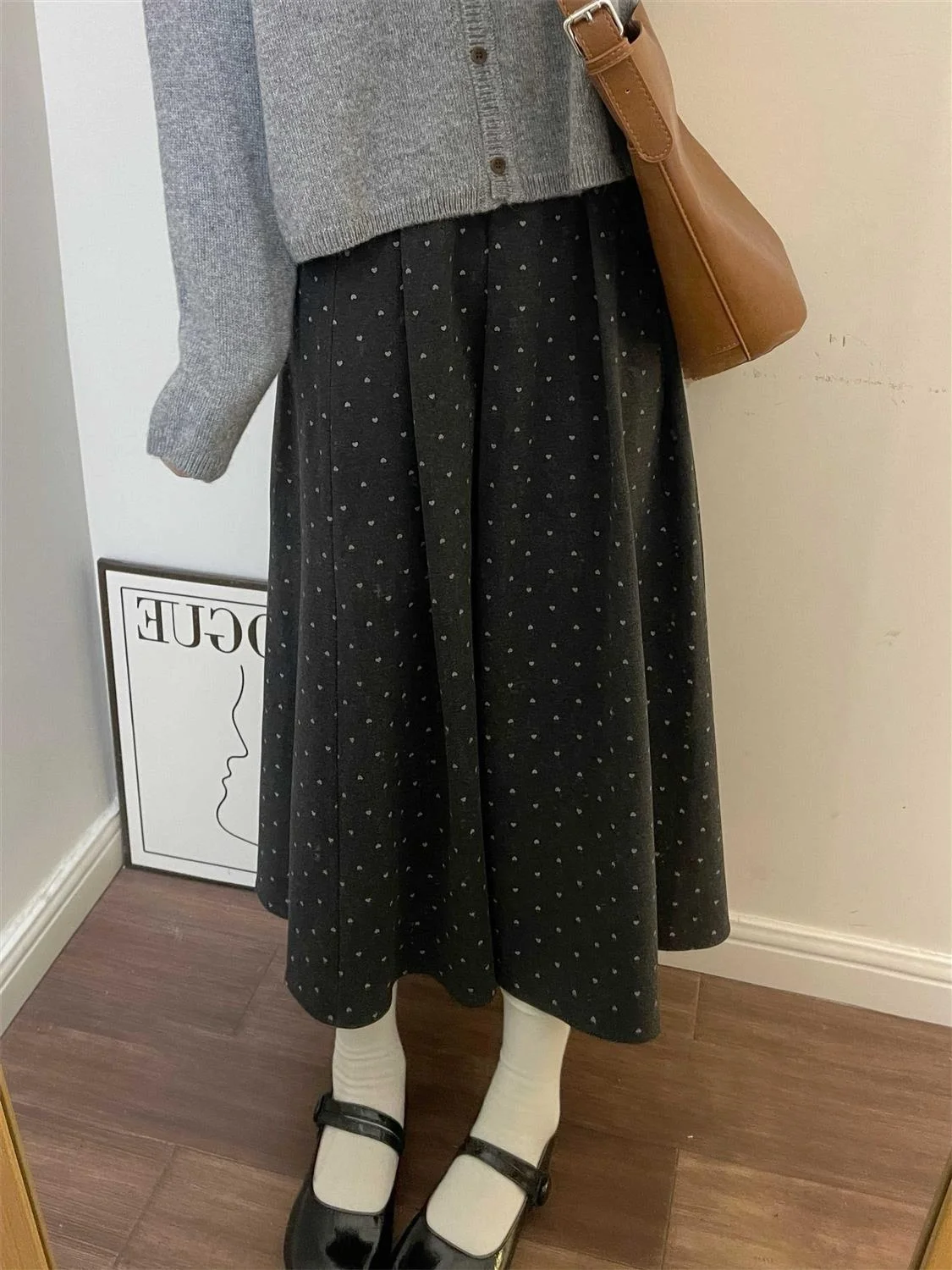 Thickened Woolen Plaid A-Line Skirt Dark Grey Women's Autumn Winter Floral Long Skirts Casual Style mid Waist PVC Fabric