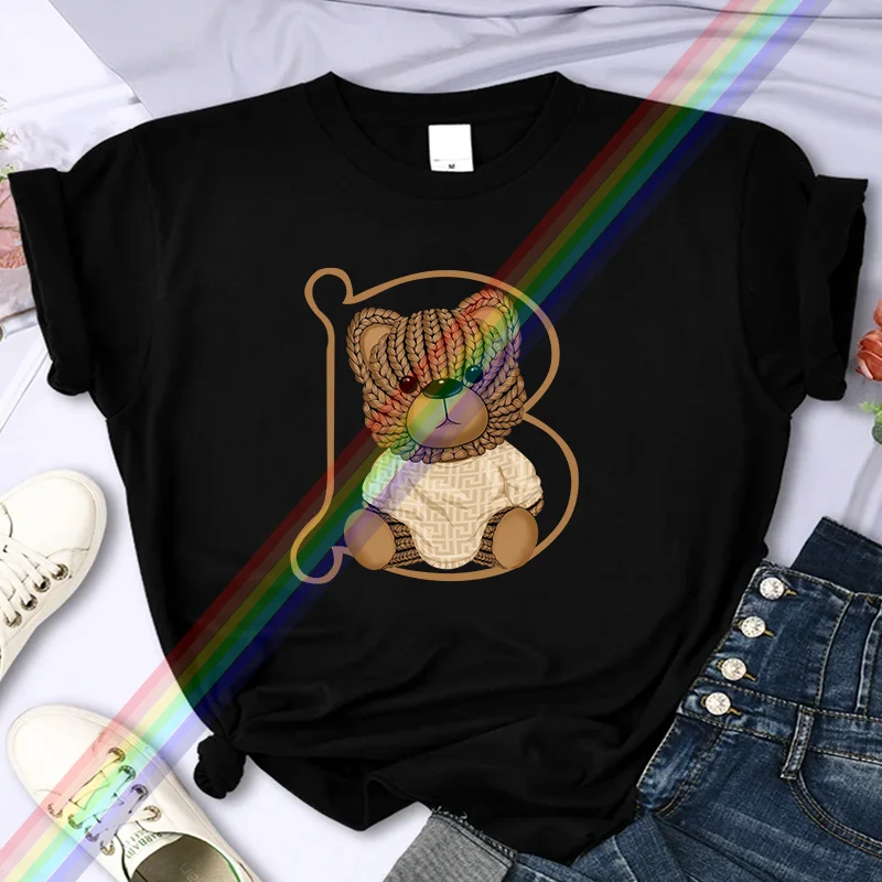 Camiseta feminina com impressão urso, 100% algodão, casual extragrande, manga de personalidade, gola O, alta qualidade, marca de luxo, Y2K, verão