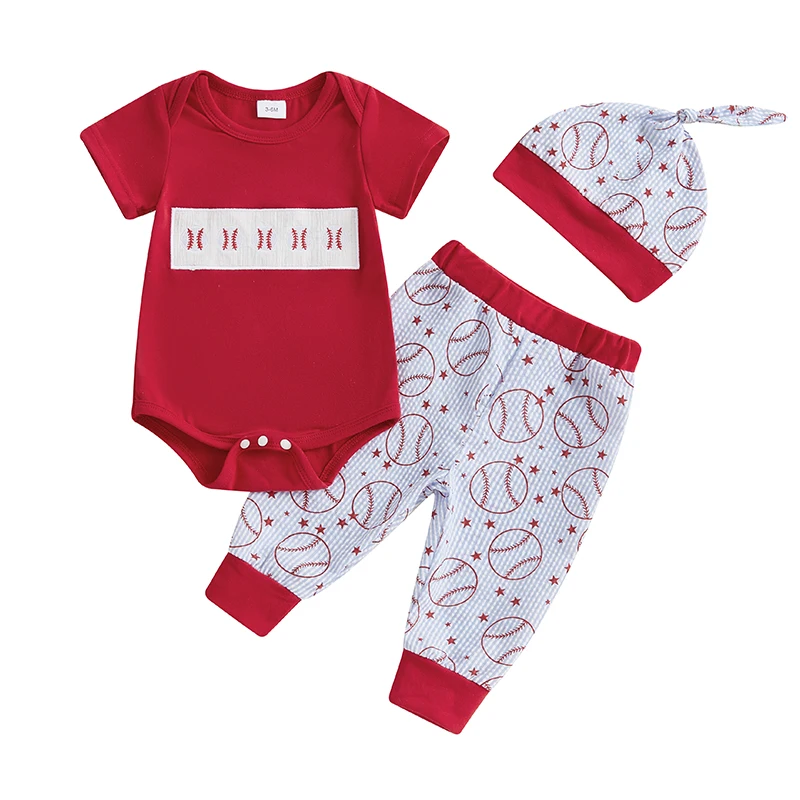 เด็กทารก 3 ชิ้นชุดกางเกงแขนสั้น O คอเบสบอลเย็บปักถักร้อย Romper กางเกงหมวก