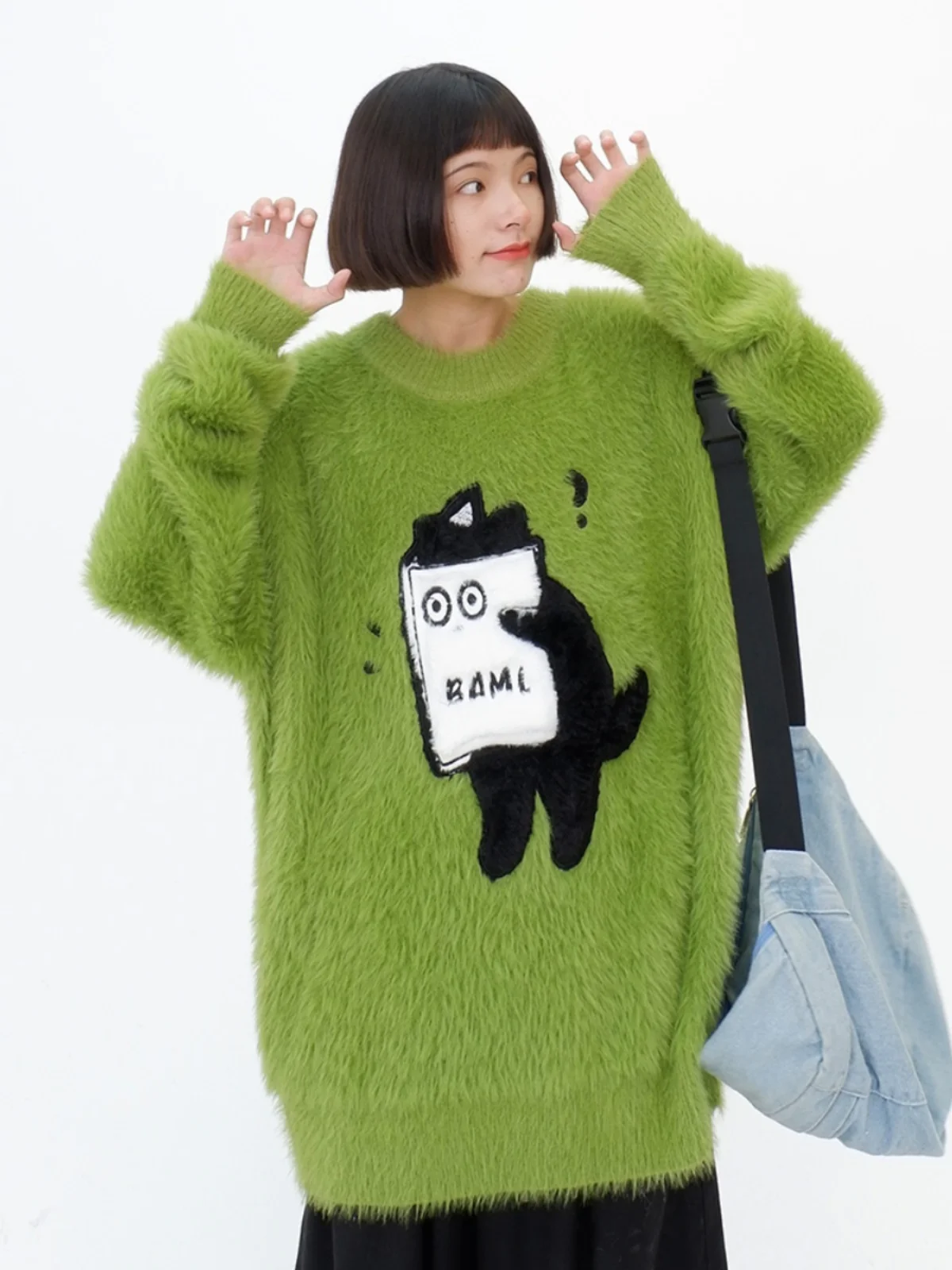 

Soft and glutinous mohair cat round neck sweaters for women's 2023 autumn/winter new loose bf lazy style knitted