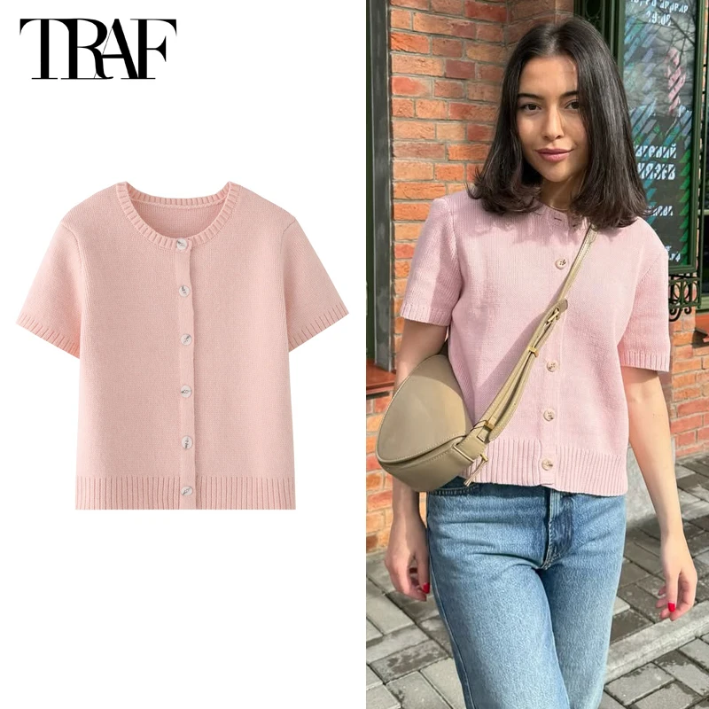 

TRAF розовые укороченные кардиганы для женщин, вязаные топы с короткими рукавами, женские летние вязаные кардиганы 202, свитер, женские повседневные трикотажные изделия