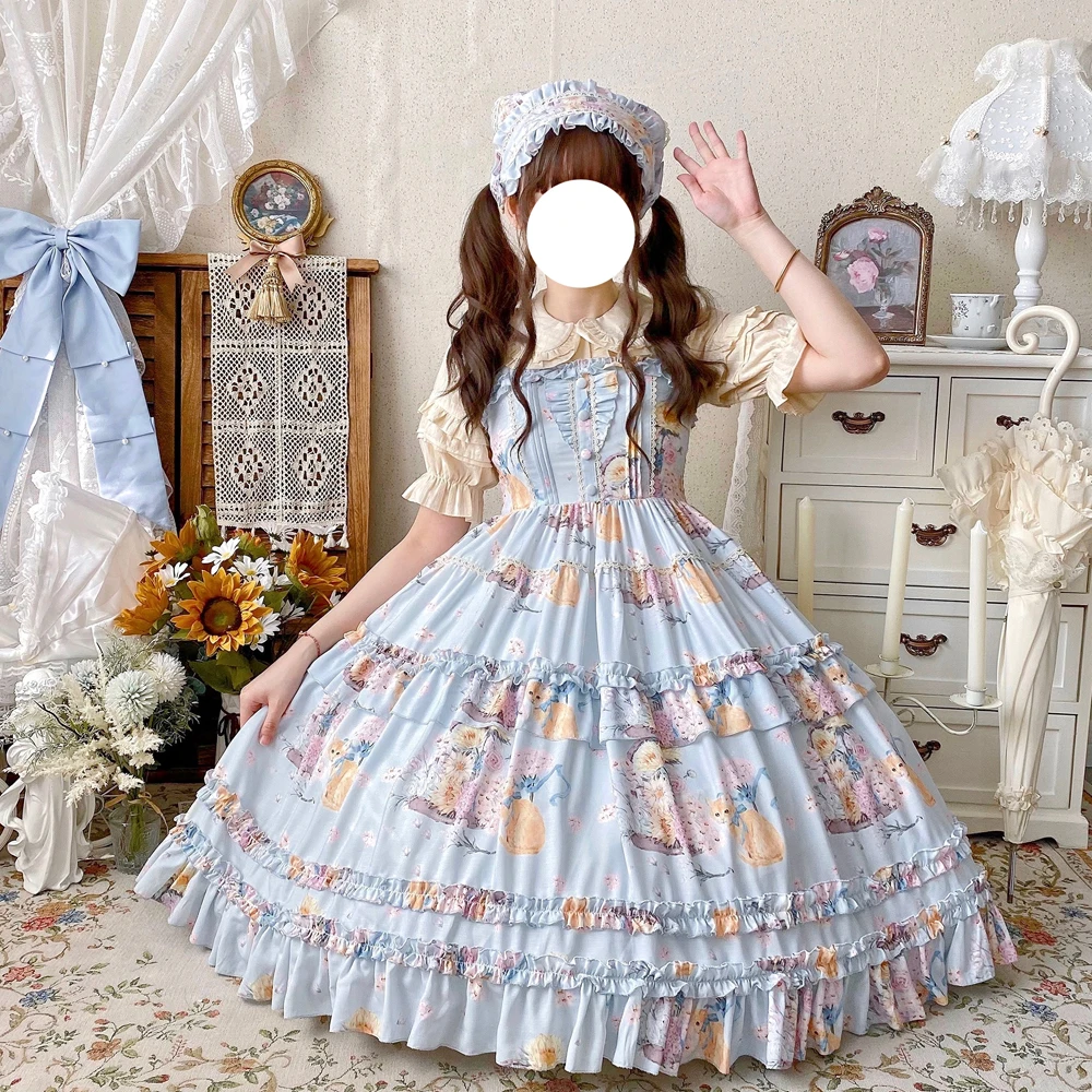 Vestido japonés Kaeaii Lolita de girasol y gato, vestido JSK con tirantes, volantes, dulces vestidos de tirantes para niñas, vestidos de fiesta de princesa elegantes