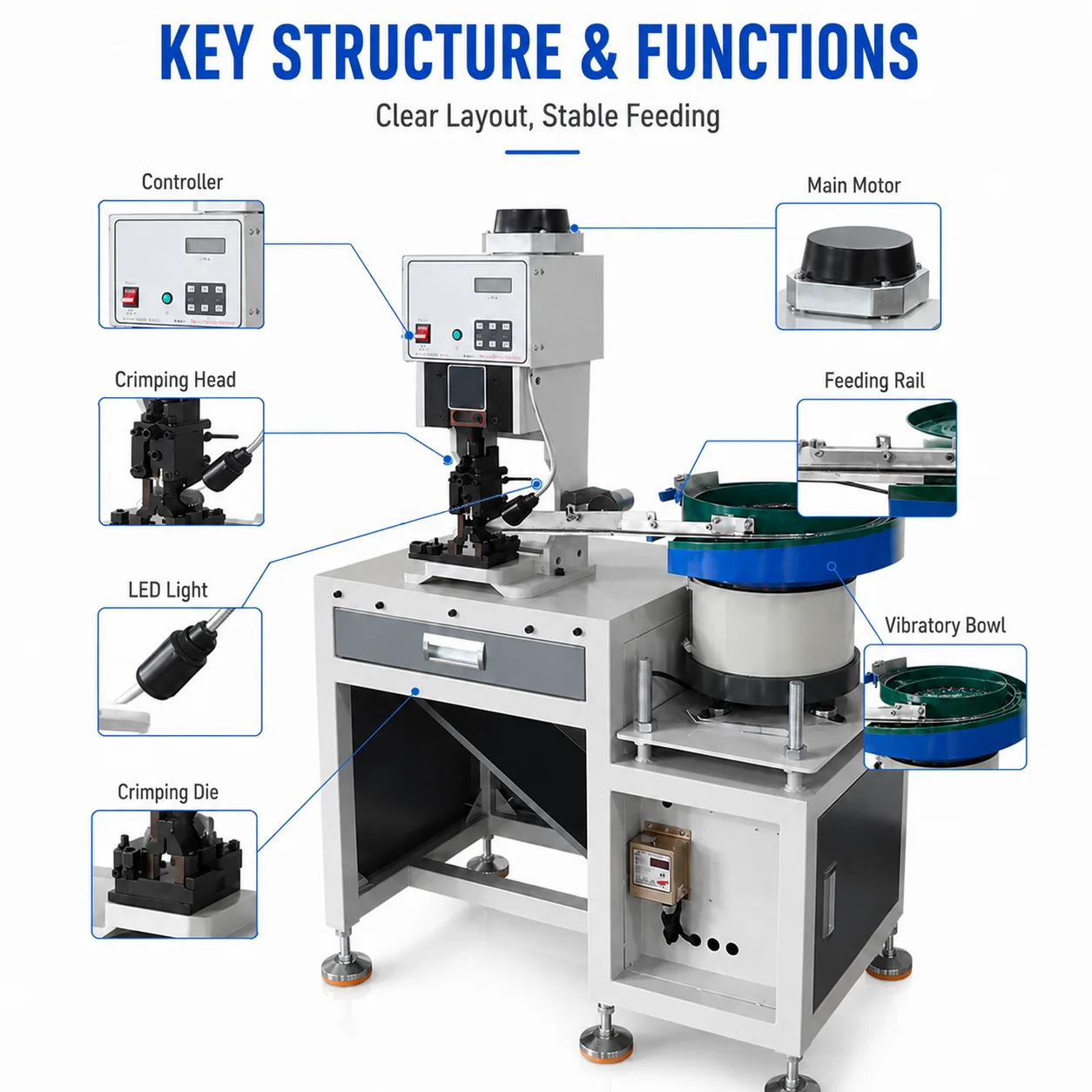 SQ-ZD01 Automatic Vibratory Bowl Terminal Crimping Machine 1.5T 0.518-2.8 Sq Mm 1 Sec/Stroke For Wire Harness