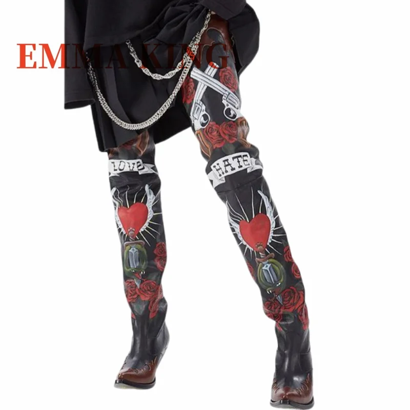 2025 جديد الخريف الشتاء راعية البقر الأحذية مثير أشار تو 8 سنتيمتر إسفين الكعوب الفخذ أحذية عالية روز طباعة قبعات رعاة البقر الغربية Bootie 35-44 #3