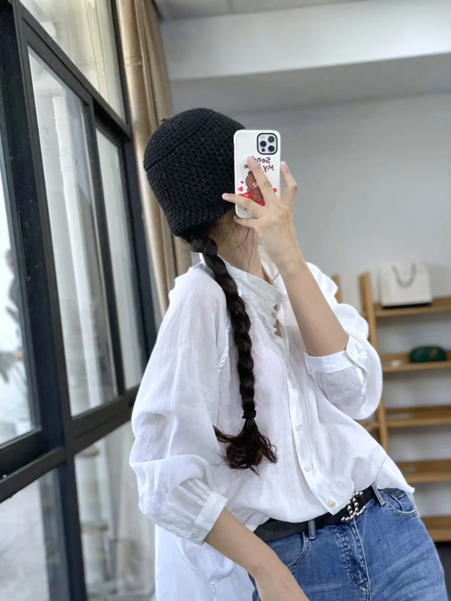 White Long Sve Women's Cotton Linen irt Lightweight Summer Sun Protection Loose Fit Classic Sle Versatile Large Size