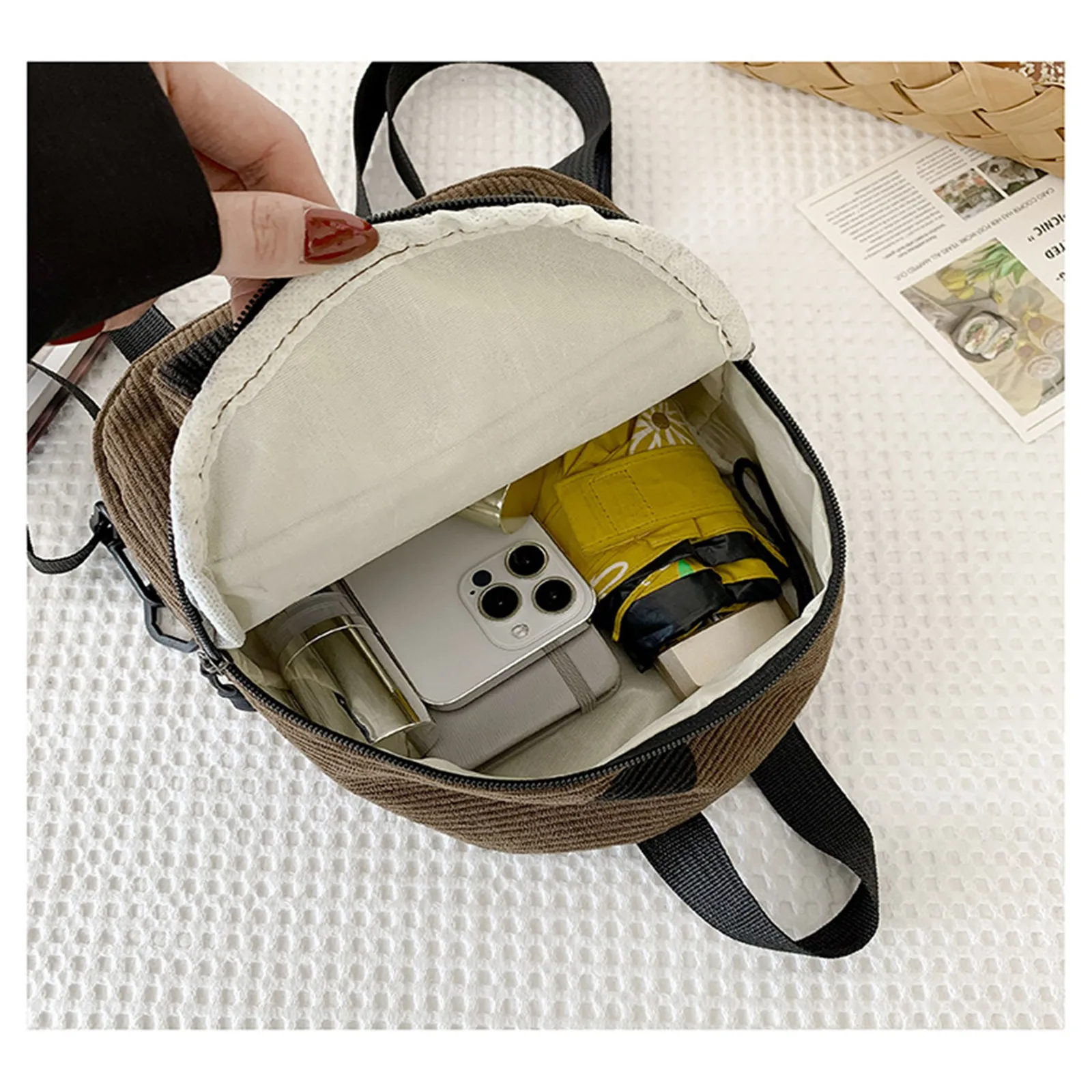 Mini Backpack Striped Velvet Outgoing Backpack Versatile Commuting Small Book Bag Casual Backpack Travel Bag