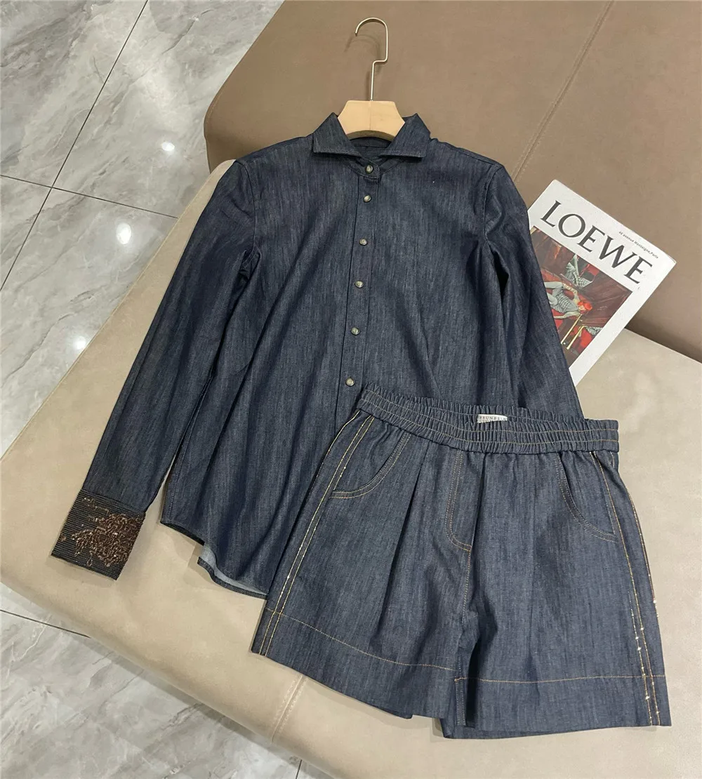 

Autumn Women's Clothing Heavy Industry Beaded Sequined Lapel Denim Long Sleeve Shirt + Elastic Waist Shorts Casual Set