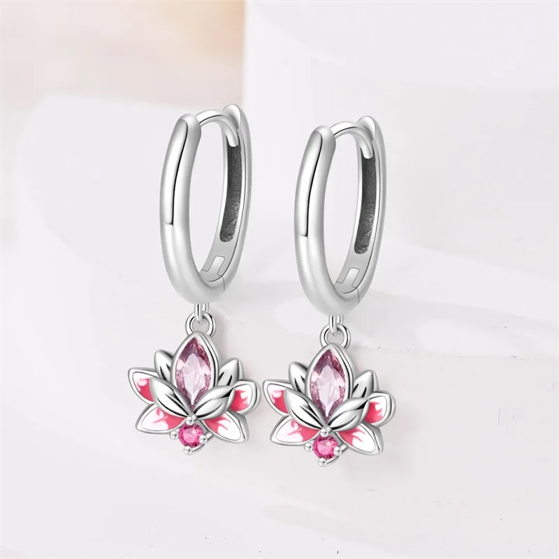 Hot Sales 925 Sterling Silver Pink Lotus Pendant Hoop Earrings For Women Fine Birthday Anniversary Jewelry Gifts view 4