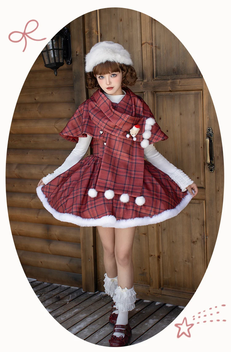 LolitaVintage الأحمر منقوشة قصيرة هيكل السمكة الصدر دعم فستان للنساء وشاح على غرار كيب Twinset الخريف الشتاء لوليتا الملابس