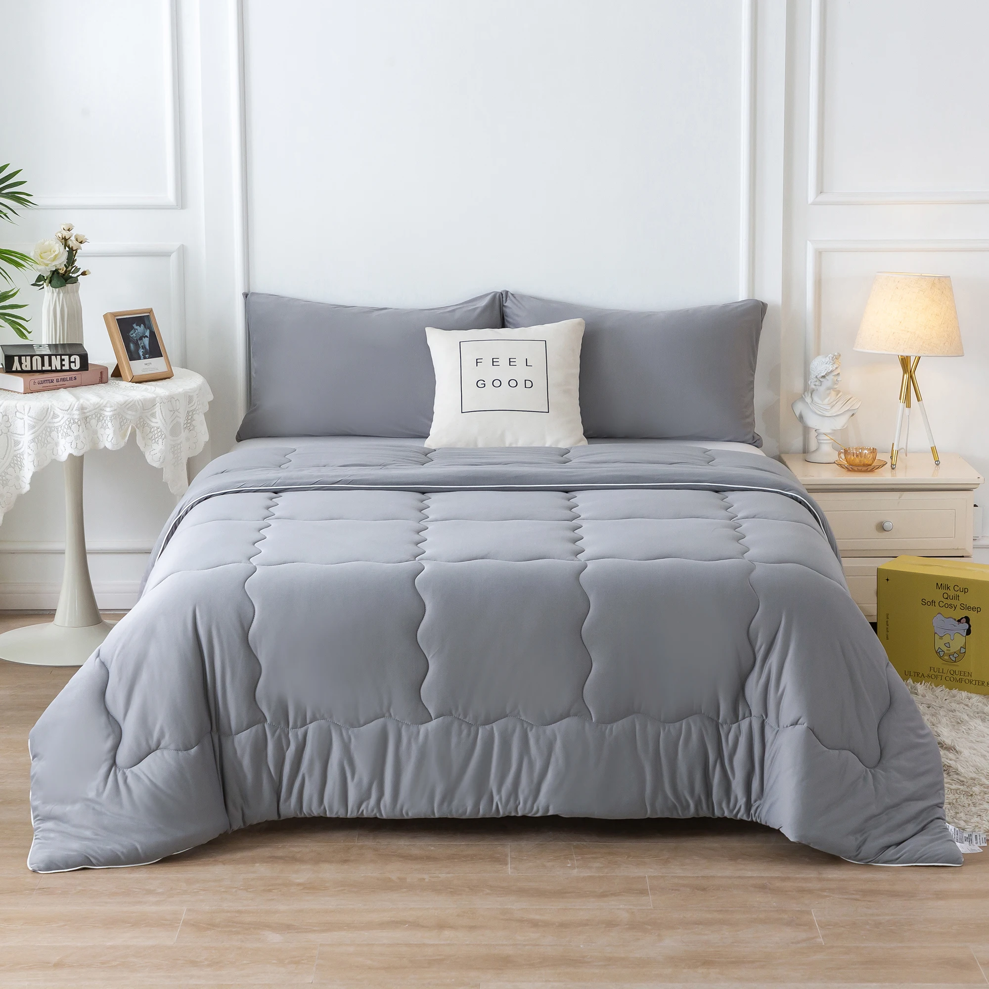 

Reversible Ultra-Soft Comforter Set 1 Down Alternative with 2 Pillowcase for All Season Use Dark Grey, Full Size