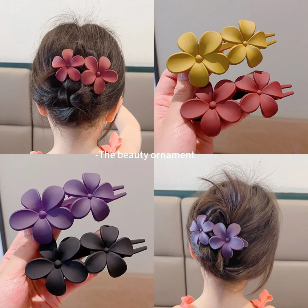 

4pcs Acrylic Double Flower Hairpin Flower Styling Tools Hairclips Hair Accessories Solid Color Duckbill Clip Ponytail Barrettes