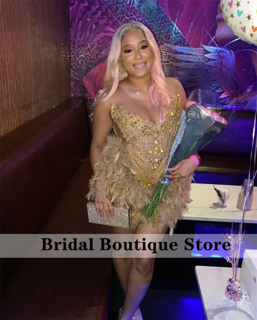 Luxury Gold Diamond Short Prom Dress Luxury Sheer Neck Bead Crystal Feather Birthday Party Cocktail Homecoming Gowns Customized image 3