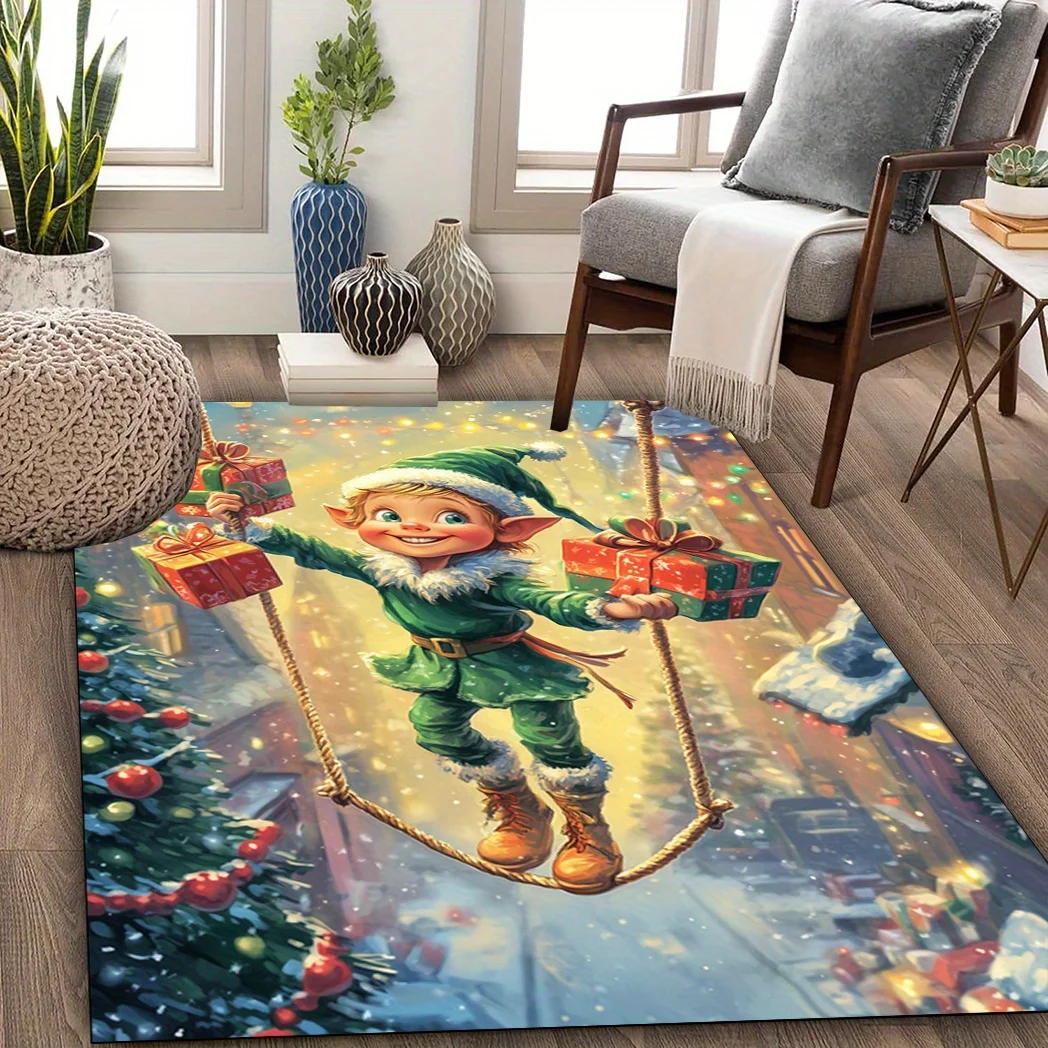 VIKAMA Christmas Elf Area Rug,Non‑Slip Mat,Cute Elf With Gift Boxes Winter Holiday Carpet Living Room Bedroom Xmas Home Decor
