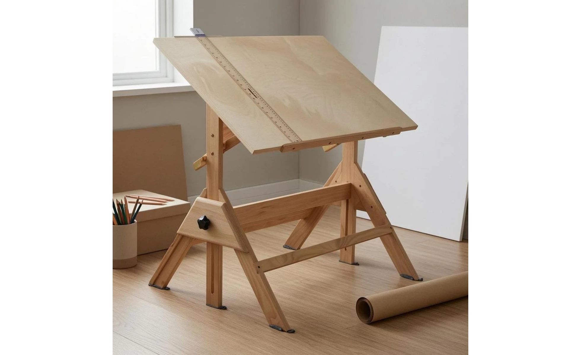 Adjustable Drafting Table L-Shaped Drafting Ruler Included Wooden Drafting Table Tilting Art Desk Built-in Ruler